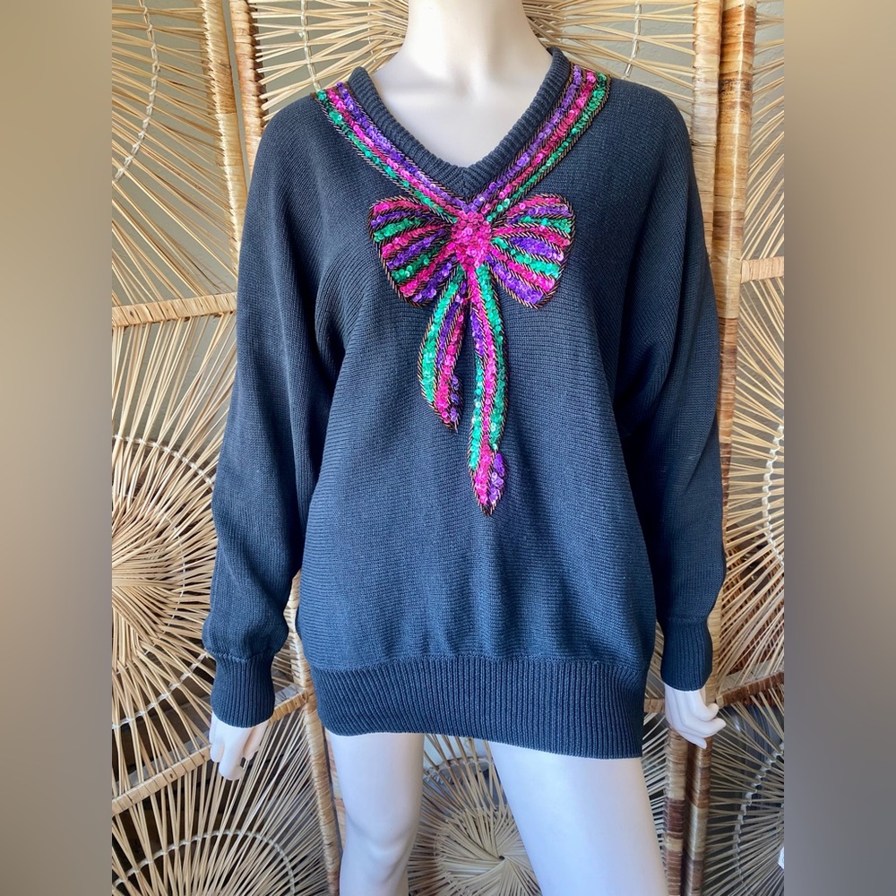 Vintage 1980s Black Sequin Now Sweater Victoria Harbour Ugly Xmas Sweater